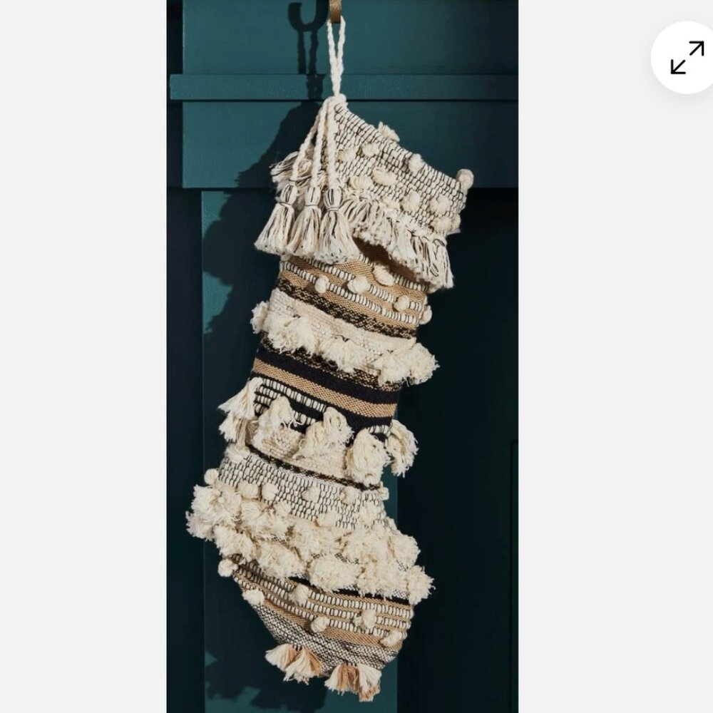 NEW Anthropologie All Roads Textured Stocking Tasseled Cream Black Rustic Boho